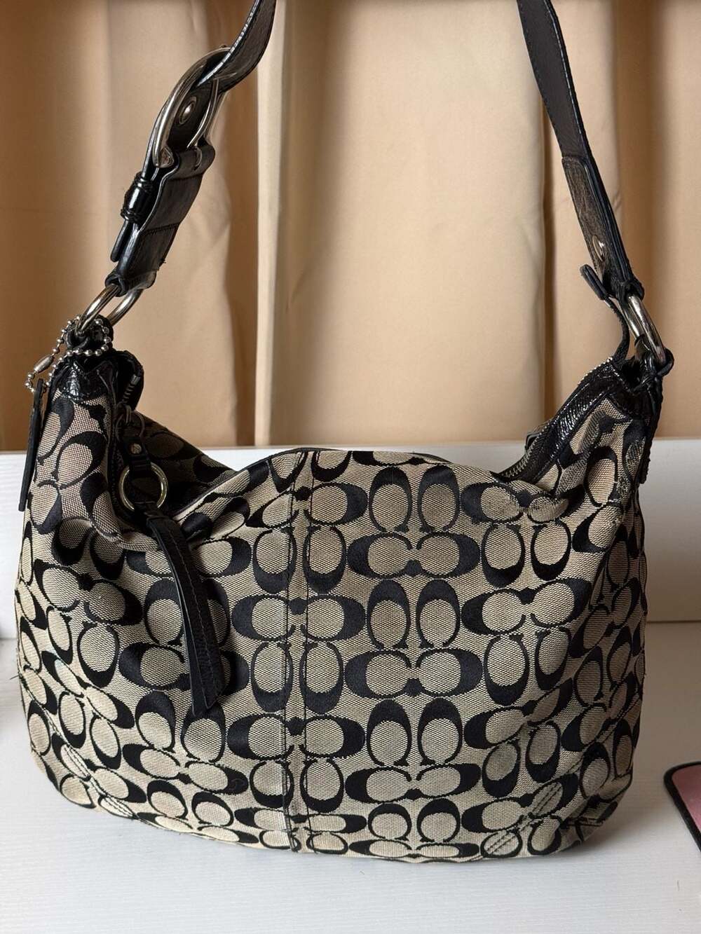 Coach Signature Canvas Hobo Bag with Black Leather Trim